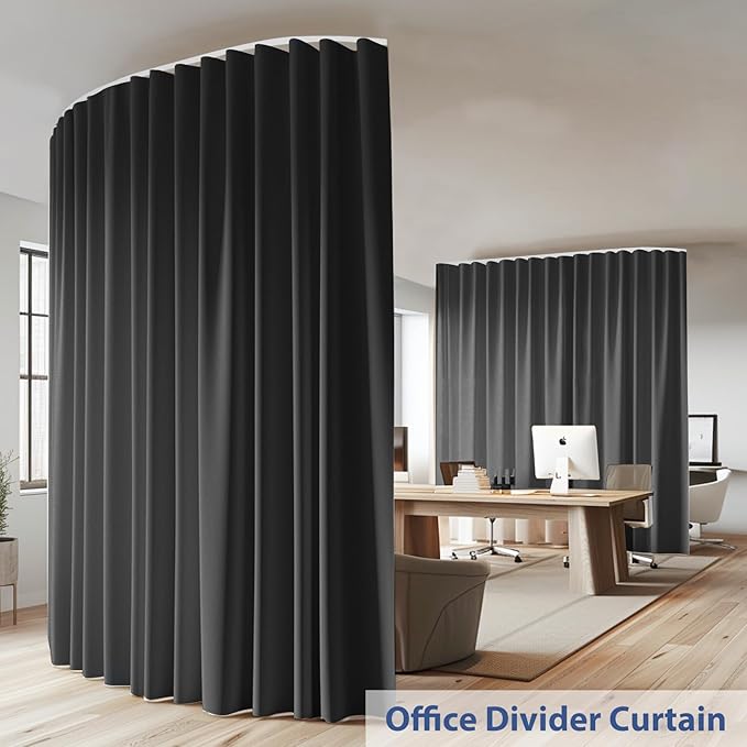 Room Divider Ceiling Mounted Curtains Track Sets Extra Wide Blackout Curtain Flexible Tracks for Bedroom Privacy Partition Separator, 1 Panel Black Drape and White Rail, W15 x H7ft