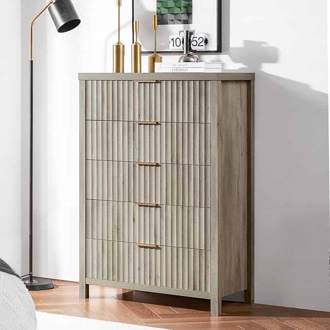 5 Drawers Dresser for Bedroom, 44 Inches Tall Modern Bedroom Dressers, Chest of Drawers for Bedroom, Fluted Dresser for Closet Organizer for Living Room, Hallway, Entryway (Grey Oak, 3 Pieces)