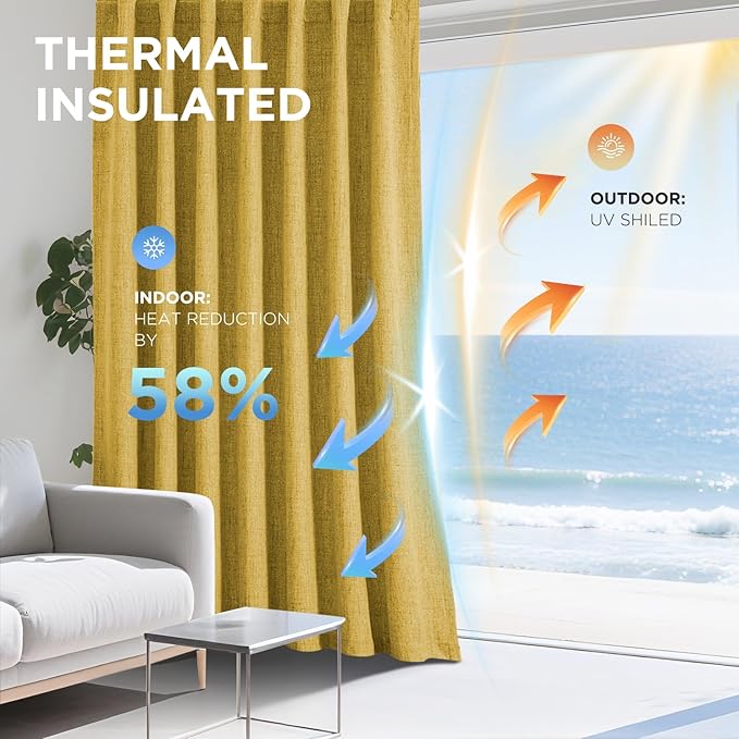 Joydeco Linen Blackout Curtains for Bedroom - 100% Light Blocking 1 Panels, Yellow Drapes 100" W x 120" L, Thermal Insulated Room Darkening Curtains for Living Room, Rod Pocket & Back Tabs