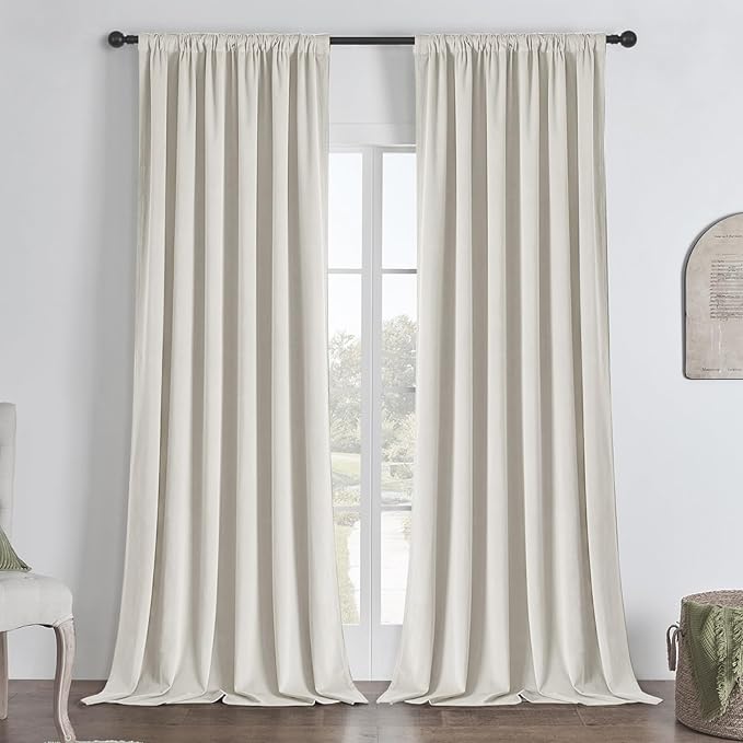 Joydeco White 100% Blackout Curtains 108 Inch 2 Panels, Luxury Thermal White Velvet Curtains for Bedroom Living Room, Soundproof Blackout Window Drapes, Rod Pocket & Back Tab (52W x 108L)