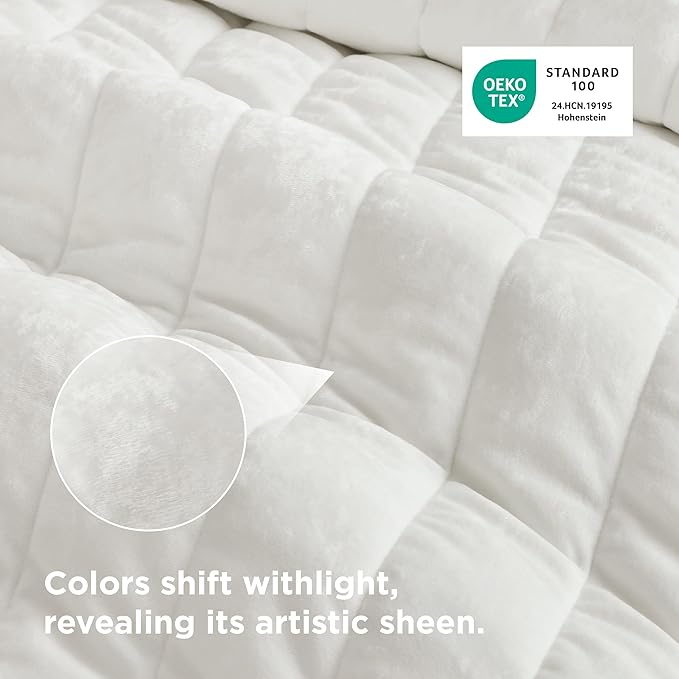 Bedsure Velvet Quilt King Size Set - 108"x96" Lightweight Velvet Comforter King, Oversized Luxury Bedspread Coverlet, Ultra-Soft Winter Bedding Set with 2 Pillow Shams, Cream White