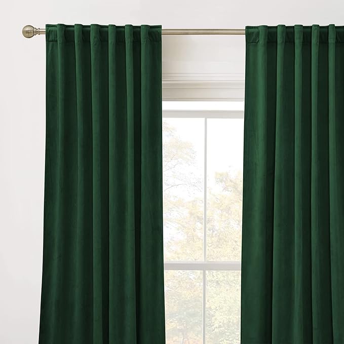 RYB HOME Dark Green Velvet Curtains 102 inches, Back Tab Soft Fabric Room Darkening Thermal Insulated Luxurious Home Decor Curtains for Living Room Bedroom, W 52" x L 102", 2 Panels Set