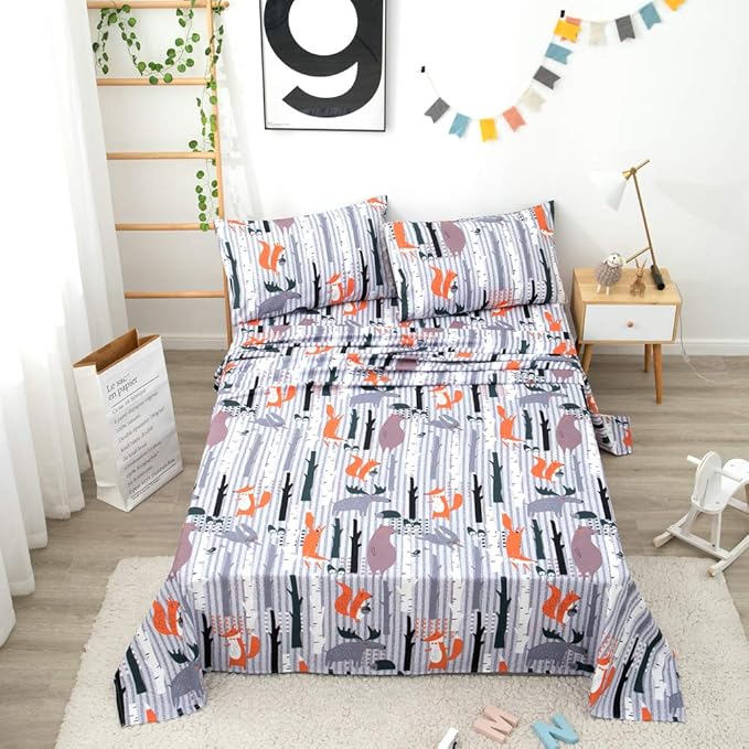JSD Woodland Animals Kids Printed Sheets Set Full, 4 Piece Soft Fox Microfiber Bed Sheets Deep Pocket