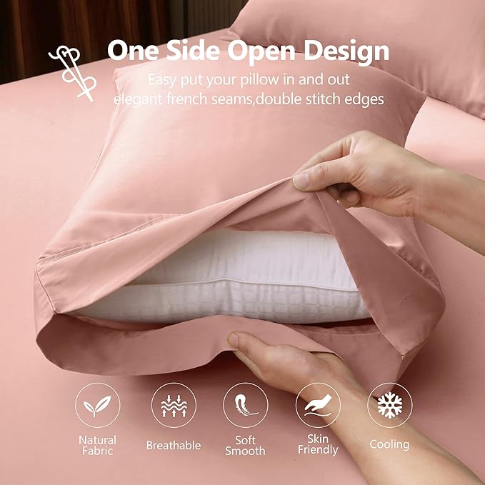 Queen Sheets, Rayon Derived from Bamboo, Cooling Bed Sheets Set,Deep Pocket Up to 16", 4 Pieces Silky Soft, Breathable Bedding Sheets & Pillowcases(Pink,Queen)