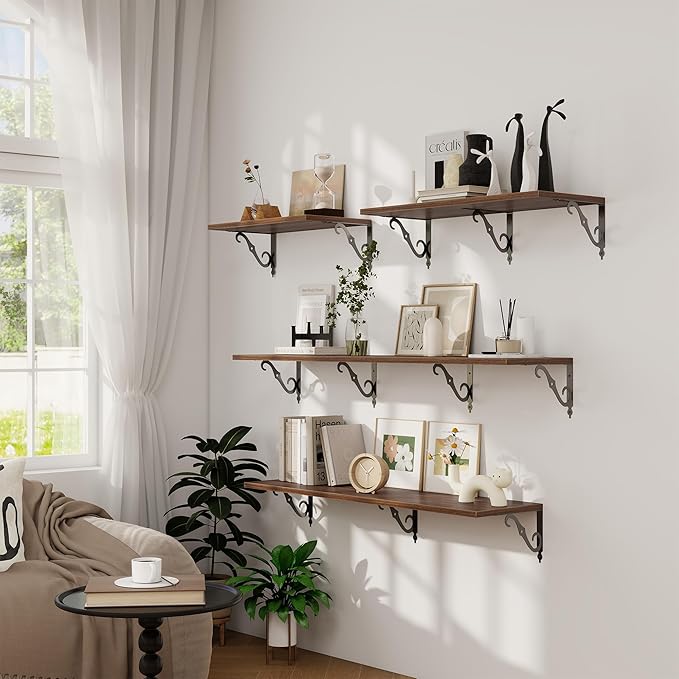 Dreamland Deep Floating Shelves, 24" W x 12" D Wall Shelves Set of 2, Wide Display Shelf Wall Mounted with Brackets, Bookshelf for Living Room, Bathroom, Bedroom, Walnut