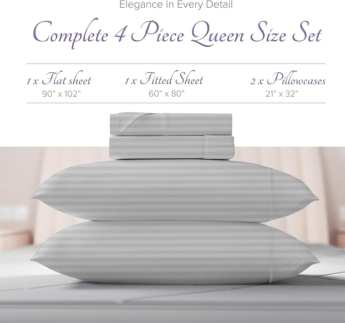Carressa Linen Luxury Egyptian Cotton Queen Stripe Sheet Set, 600 Thread Count Extra Long Staple 4 PC Set, Queen Damask Sheets, Soft, Cooling Sateen Weave Sheets Upto 18" Deep Pocket - Dark Grey