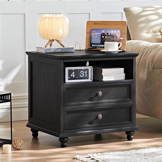 24" Wide Farmhouse Nightstand Set of 2 with Charging Station,End Table with 2 Drawers,Black Wood Dresser for Bedroom Cabinet, Bed Side Table Chest of Drawers, Night Stand for Living Room