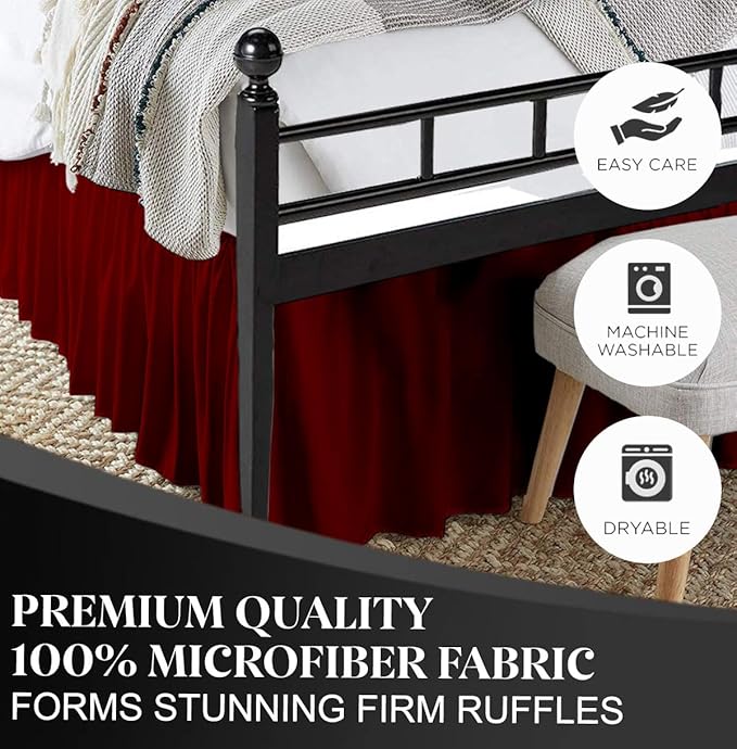 Ruffled Bed Skirt with Split Corners, Burgundy, Twin 12 Inch Drop Bedskirt, Hotel Quality Brushed Microfiber Wrinkle Free Dust Ruffle Bed Skirt Twin Size