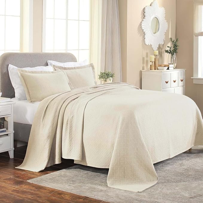 Superior 2 Piece Basketweave Cotton Bedspread Set, Home Bed Decor, Decorative Bed Spread, 1 Pillow Sham, Medium Weight Blanket, Matelasse Coverlet Bedding, Geometric Lattice Pattern, Twin, Ivory