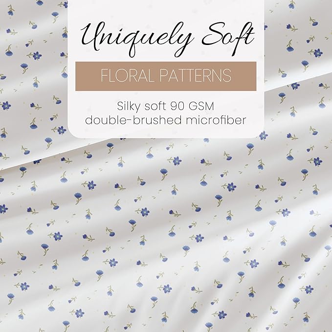 Linen Market Double-Brushed Patterned Microfiber Full Sheet Set 4 Piece – Oeko-TEX Certified Ultra Soft & Wrinkle-Free - 16" Deep Pocket Sheets - Easy Care Full Size - Soft Floral Light Blue