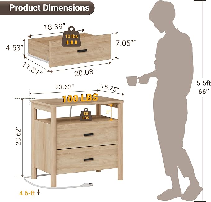 FavourLife Night Stand, 23" Wide Nightstand, Modern Large Nightstand with Charging Station, 2 Drawer Wooden End Table with Solid Round Post Legs & Open Shelf, Bedside Table for Bedroom, Natural Oak