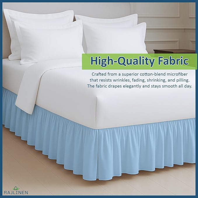 Rajlinen Ruffled Bed Skirt King, 16 Inch Drop Dust Ruffle with Split Corners, 100% Microfiber Bedskirt with Platform, Three-Sided Coverage Ruffled Gathering Design, Light Blue