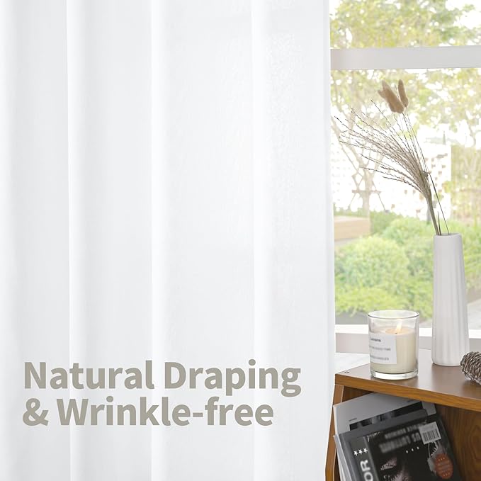 YoungsTex 80 Inch Length White Curtains for Living Room, Linen Semi Sheer Window Treatments Light Filtering with Bronze Grommet for Bedroom Dining Country, 52 x 80 Inch, 2 Panels