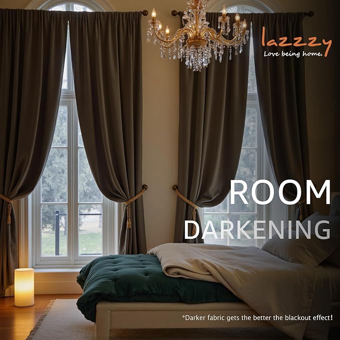 Lazzzy Velvet Blackout Curtains Thermal Insulated Room Window Drapes Super Soft Luxury Curtains for Living Room Bedroom Rod Pocket 2 Panels, Truffle, 52" W x 96" L