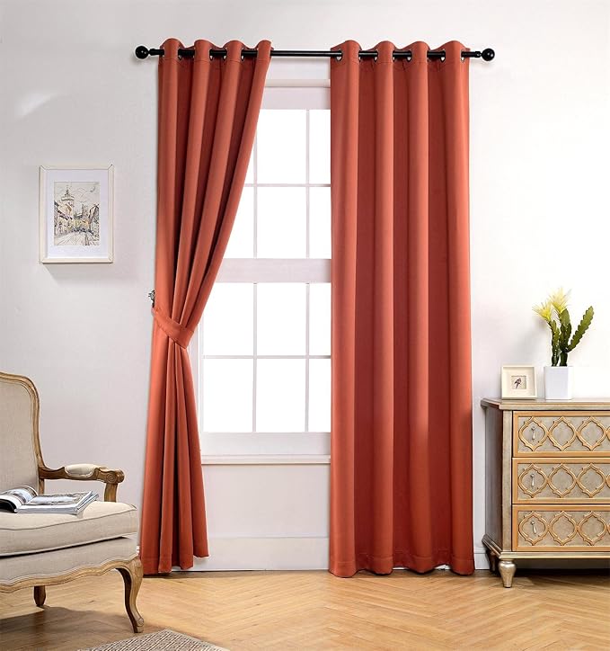 MIUCO 1 Pair Thermal Insulated Grommet 52-Inch-by-95-Inch Blackout Window Curtain Panels with 2 Tie Backs, Rust