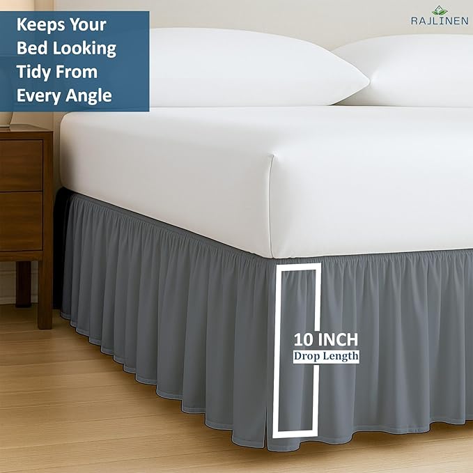 Rajlinen Ruffled Bed Skirt Full, 10 Inch Drop Dust Ruffle with Split Corners, 100% Microfiber Bedskirt with Platform, Three-Sided Coverage Ruffled Gathering Design, Dark Grey