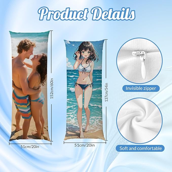Custom Body Pillow, Body Pillow Case, Double-Sided Design, Custom Pillows with Picture, for Birthdays, Valentine's Day, Christmas, Wedding Anniversaries（60in*20in）