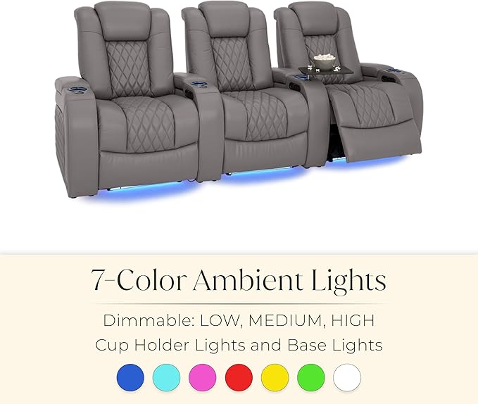 Seatcraft Diamante Zero-Gravity CoolZero Italian Leather Home Theater Seating, Power Headrest, Power Recline, Row of 5 Middle Sofa, Gray