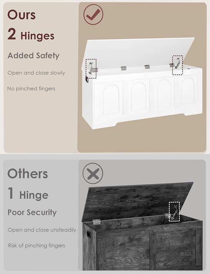 DINZI LVJ Storage Chest, 47.2" Rattan-Like Toy Box with 2 Safety Hinges, Wooden Entryway Storage Bench with Flip-Top, Large Trunk for Living Room, Bedroom, Easy Assembly, White