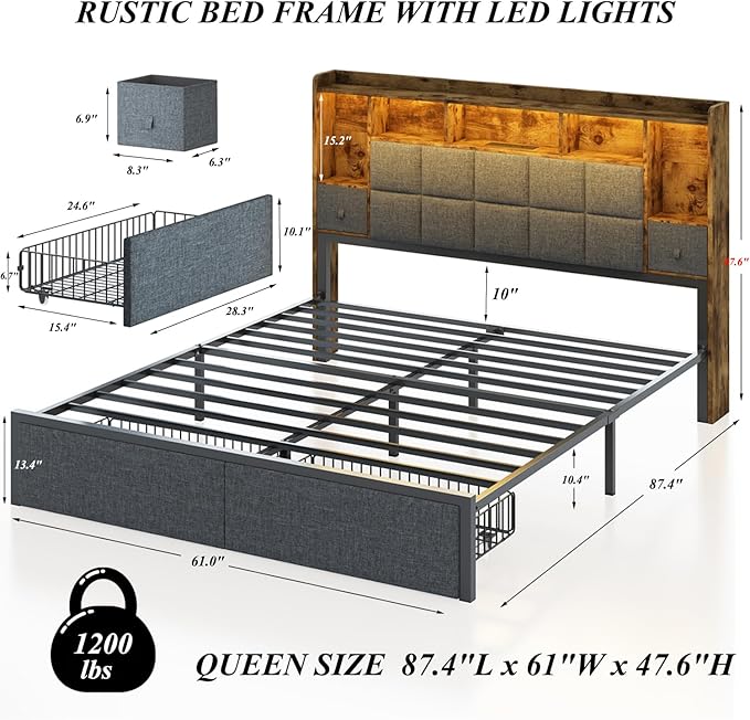 LED Bed Frame Queen Size with 2 Hidden Storage Drawers, Bookshelf Headboard, Upholstered Platform Metal Bed Frame with Charging Station, Metal Slats Support, Noise Free, No Box Spring Needed