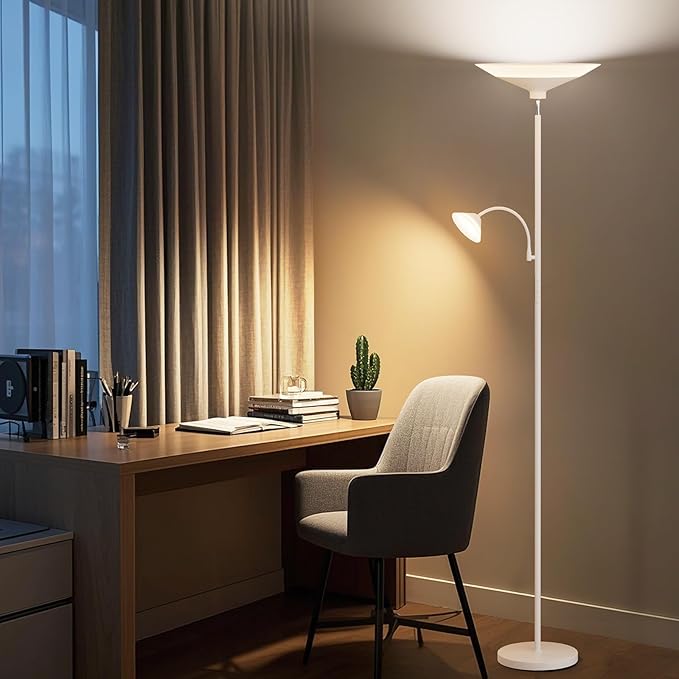 Upgraded 2-Light Torchiere Floor Lamp - 34W Color Changing Standing Lamp with Remote, Rotatable Floor Reading Light, Modern Standing Light with for Living Room Bedroom Office, White