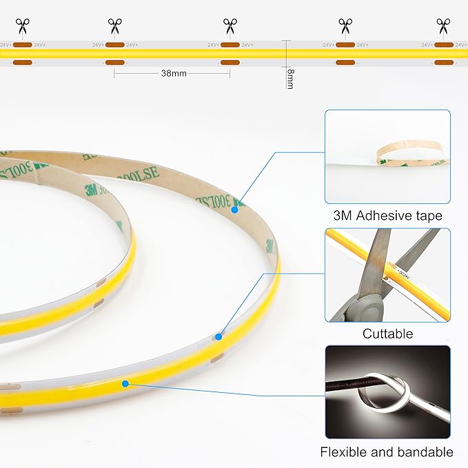 65.6ft White COB LED Strip Light, High Bright LED Strips with 320LEDs, RF Remote and UL Power Supply, 6000K Dimmable LED Lights for Bedroom, Kitchen, DIY Home Decoration, 2 Rolls of 32.8ft