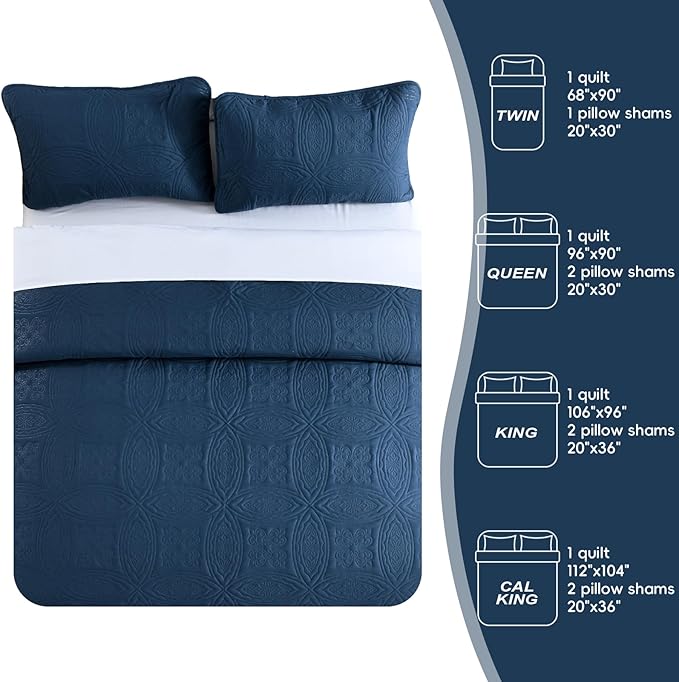 Yiran Navy Blue Quilt Set King Size Lightweight Bedspread Embossed Pattern Soft Microfiber Coverlet for All Season with 2 Pillow Shams (106"x96")