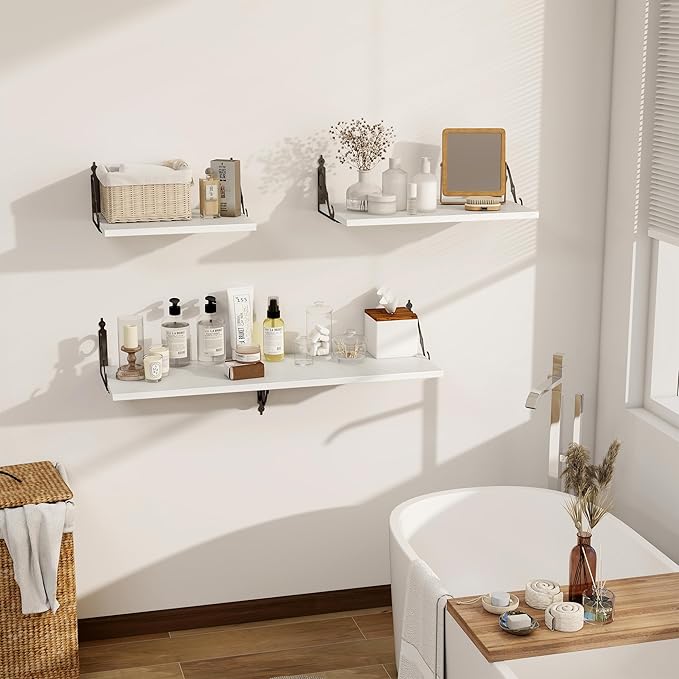 Dreamland Deep Floating Shelves, 48" W x 12" D Wall Shelves Set of 2, Wide Display Shelf Wall Mounted with Brackets, Bookshelf for Living Room, Bathroom, Bedroom, White