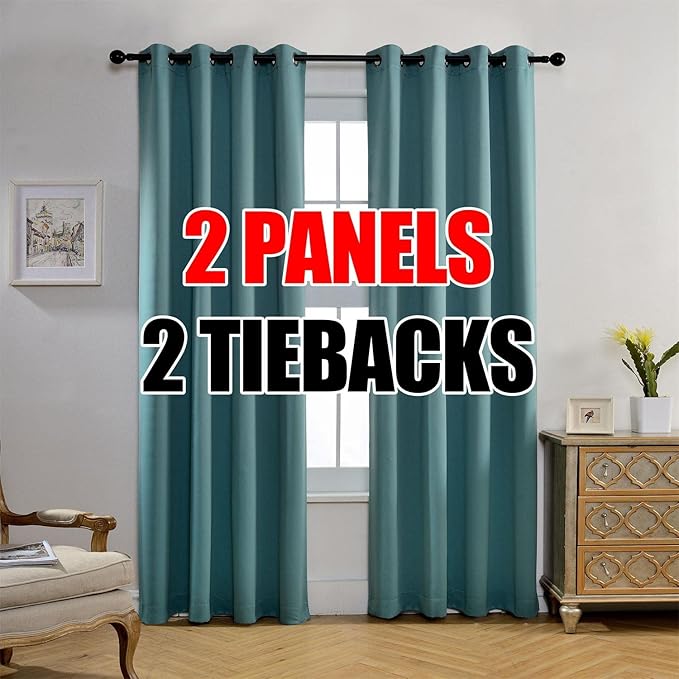 MIUCO 1 Pair Thermal Insulated Grommet 52-Inch-by-84-Inch Blackout Window Curtain Panels with 2 Tiebacks, Teal