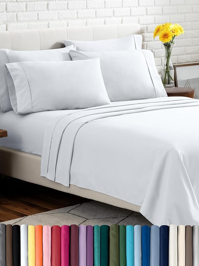 Bare Home Hotel Luxury Split California King Sheet Set, Extra Soft, Deep Pockets, Easy Fit, Cooling & Breathable, Wrinkle, Fade, Stain Resistant, Includes 4 Pillowcases (Split Cal King, White)