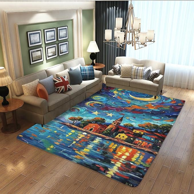 Machine Washable 3' x 5' Seaside Villages and Churches Area Rug, Bule Floor mat, Suitable for bedrooms, Girls' Room Bedside, Living Room, Dining Room, Office, Non-Slip Low-Pile Night Sky Carpet