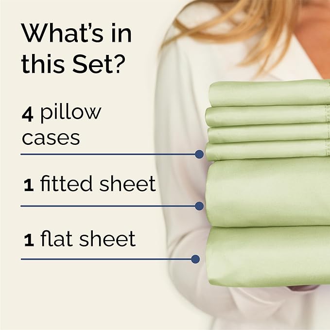 Queen 6 Piece Sheet Set - Cooling, Comfy & Breathable - Hotel Luxury Bedding, Includes Fitted Sheet for Women, Men, Kids & Teens - 1 Flat, 1 Fitted Sheet, 4 Pillowcases with Deep Pockets - Light Sage