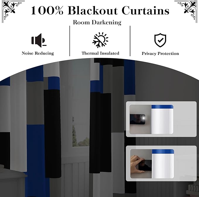 Blue Gray 100% Blackout Curtains for Bedroom 84 inch Length 2 Panels Set White Grey Modern Abstract Geometric Black Out Curtains Insulated Room Darkening Window Drapes for Living Room, 42Wx84L
