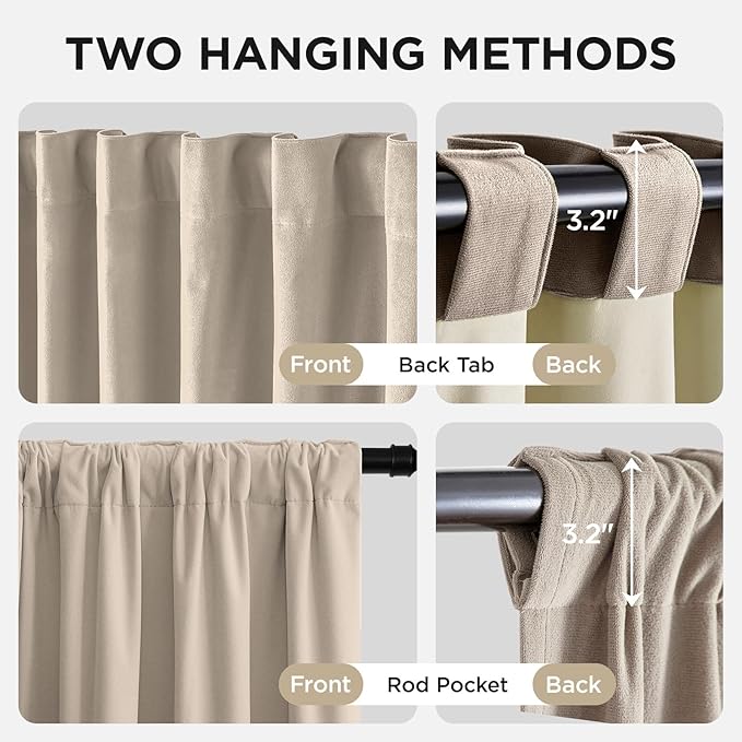 Joydeco Light Beige 100% Blackout Curtains 120 Inch 2 Panels, Luxury Thermal Light Beige Velvet Curtains for Bedroom Living Room, Soundproof Blackout Window Drapes, Rod Pocket & Back Tab (52W x 120L)