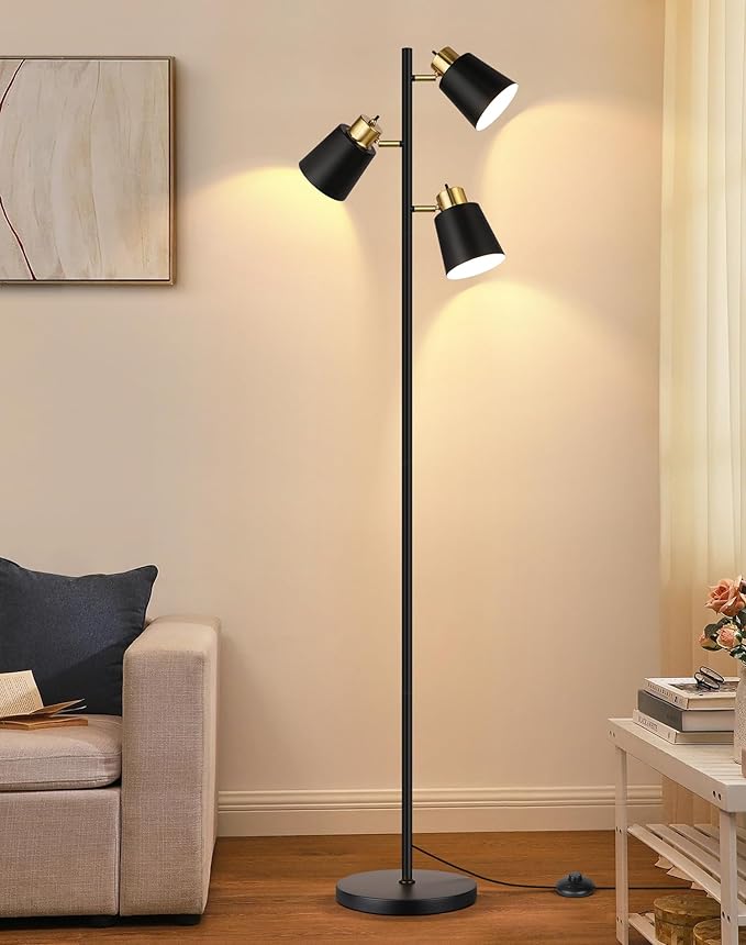 QiMH Tree Floor Lamps for Living Room, 67" Modern Standing Floor Lamp with 3 LED Bulb, Industrial Tall Lamp Reading Lighting for Bedroom Study Office Decor, 3 Rotatable Light Heads, Black Gold