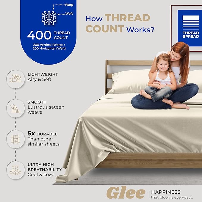 THREAD SPREAD 100% Cotton Full Size Bed Sheet Set - 400 Thread Count, Soft, Cooling Sheets for Full Bed, Luxury Hotel Sheets, Fits Upto 18" Deep Pocket Mattress (Ivory)