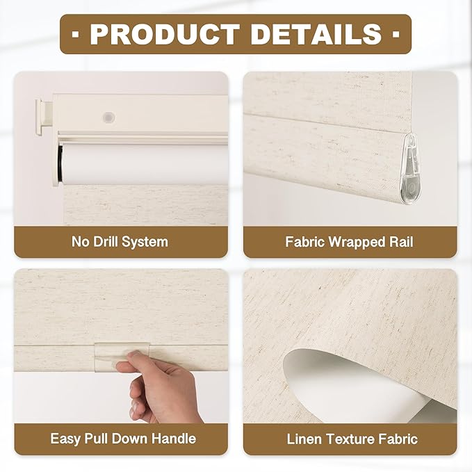 HESTIA No Drill Cordless Blackout Roller Shades Screwless Waterproof Shower Window Blinds, Auto-Retraction Easy Install Blind for Bedroom/Living Room/Kitchen, Cream Linen, 49" W x 72" H
