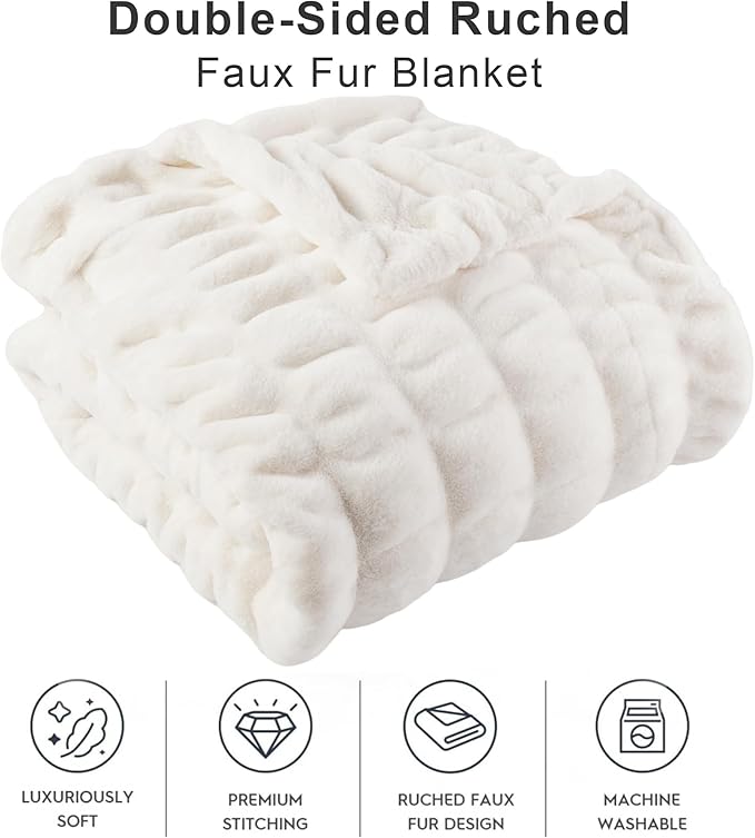 BATTILO HOME Cream Faux Fur Throw Blanket, Double Side Ruched Rabbit Fur Blanket for Couch, Bed, Super Soft Cozy Fuzzy Mink Blanket, 50"x60"(Ivory)