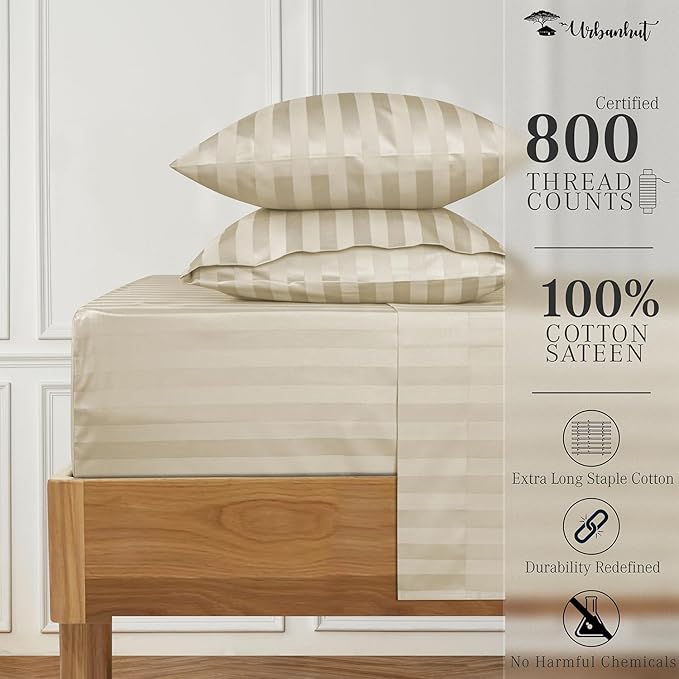 URBANHUT 800 Thread Count 100% Cotton Damask Twin Size Sheets, 4 Piece Striped Twin Size Bedsheets, Luxury Hotel Sheets Sateen Weave - Better Than Egyptian, 14" Elasticized Deep Pocket- Ivory