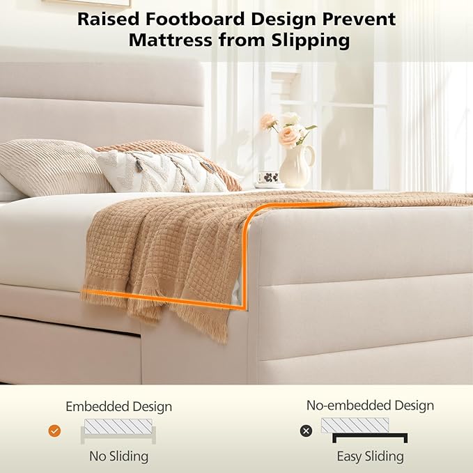 VELOCAVA Queen Size Upholstered Platform Bed with Tall Headboard and Footboard, 2 Side Storage Drawers, Modern Beige Fabric Bed Frame, No Box Spring Needed, Slatted Base Support, Easy Assembly