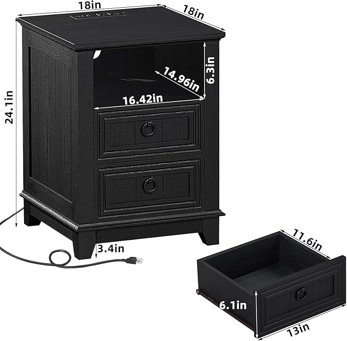18" Farmhouse Night Stand with Charging Station, 2 Drawers End Table Dresser for Bedroom, Black Wooden Nightstand, Bed Side Table with Open Shelf, Bedside Cabinet for Living Room, Closet