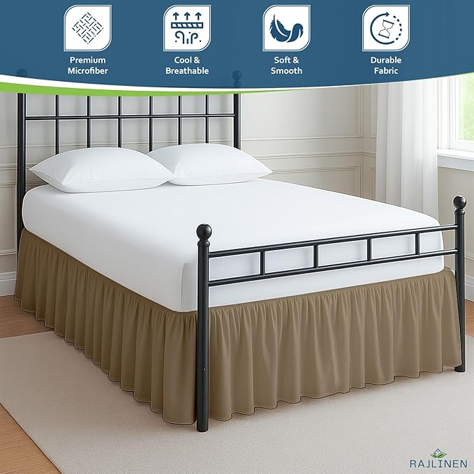 Rajlinen Ruffled Bed Skirt Full, 12 Inch Drop Dust Ruffle with Split Corners, 100% Microfiber Bedskirt with Platform, Three-Sided Coverage Ruffled Gathering Design, Taupe