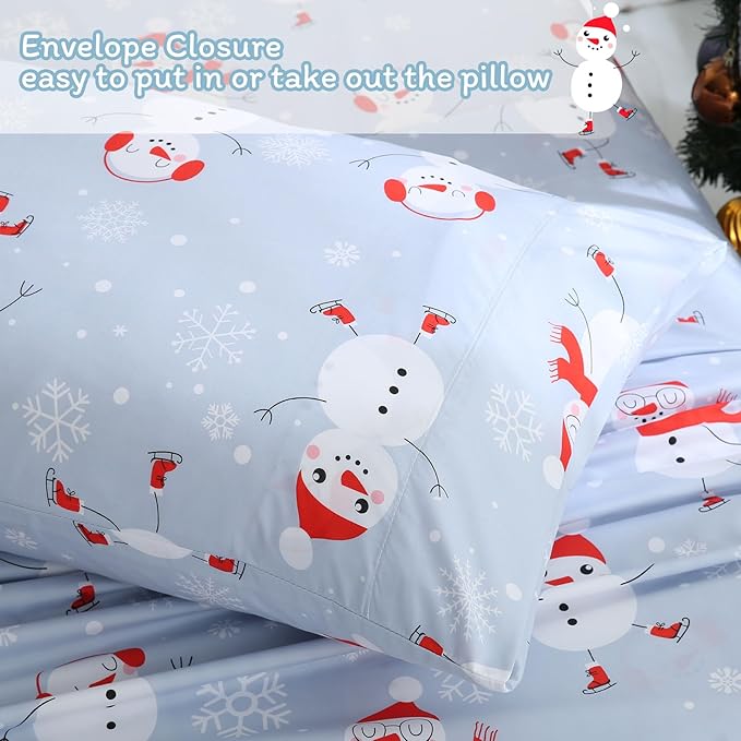 JSD Snowman Kids Sheet Set Twin Size, 3 Piece Blue Snowflakes Christmas Printed Microfiber Sheets Deep Pocket