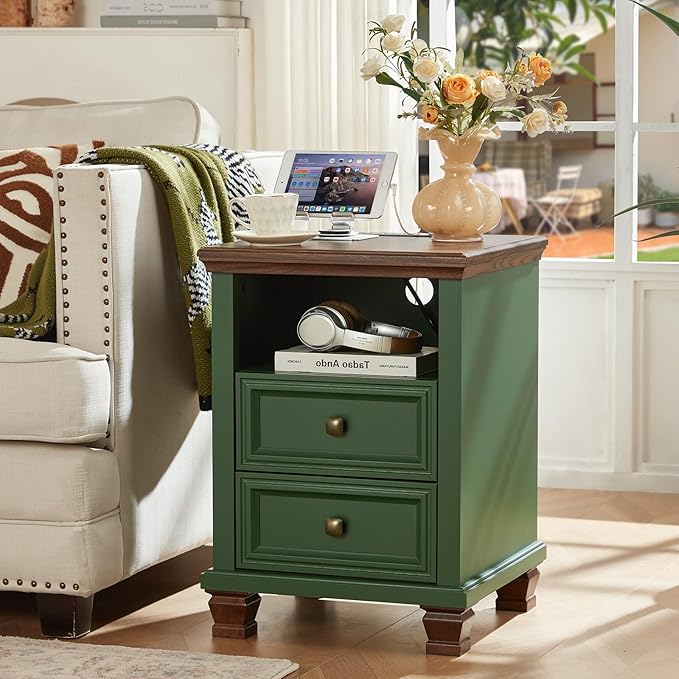 SAVOR LIFE Farmhouse Nightstand Set of 2 with Charging Station, Rustic Green Nightstand,2 Drawers End Table for Living Room,Bedside Table with Open Shelf for Bed Room,Green