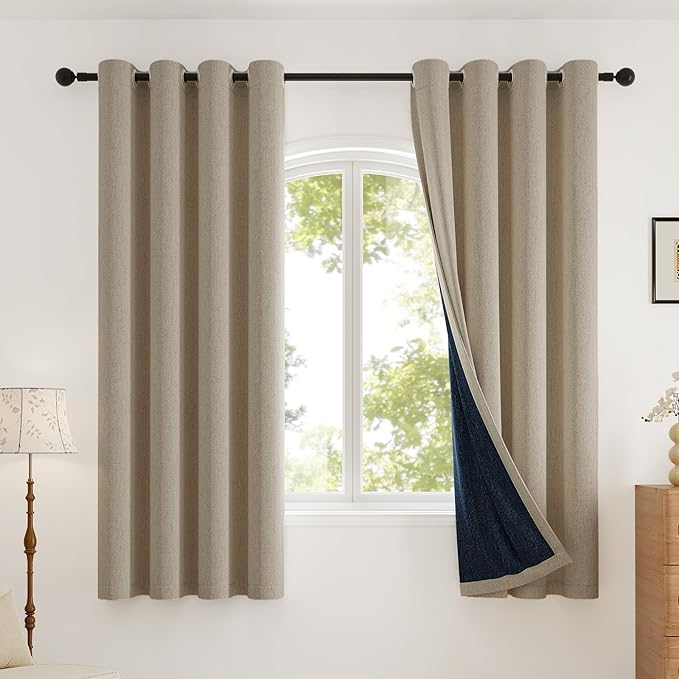 Blackout Curtains Thick Soft Curtain 2 Panels Set for Small Bedrooms/Children's Rooms, Linen-Look Textured Full Light Blocking Room Darkening Thermal Insulated Drapes (W52xL54, Natural)
