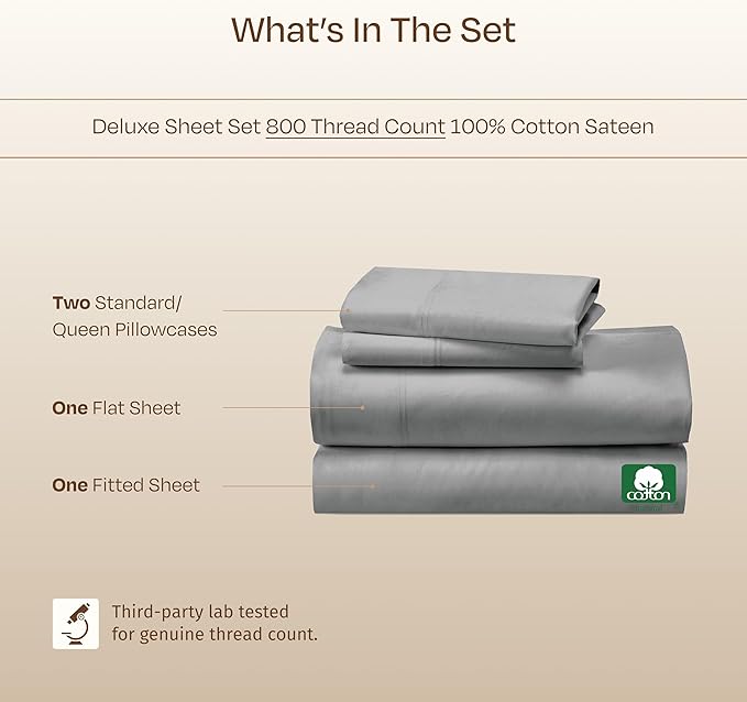 California Design Den Queen Size Bed Sheets Set, 100% Cotton Bed Sheets - Buttery Soft 800 Thread Count Sateen, Deep Pockets Durable Bedding - Light Grey