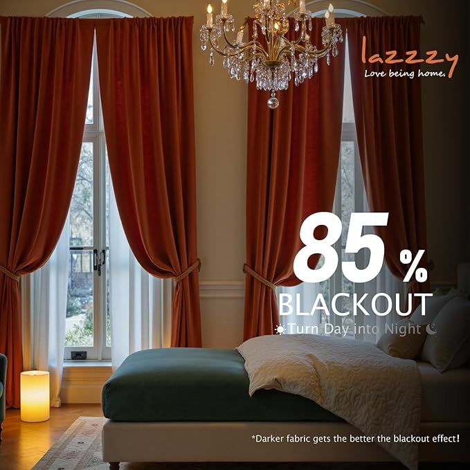 Lazzzy Velvet Blackout Curtains Thermal Insulated Room Window Drapes Super Soft Luxury Curtains for Living Room Bedroom Rod Pocket 2 Panels, Rust Red, 52" W x 90" L