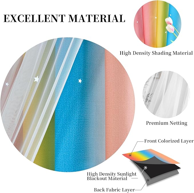 Star Curtains Blackout Curtains for Bedroom Cute Curtains Kids Curtains Rainbow Curtains, Curtains 63 Inches Long 2 Panels, Red & Yellow & Blue Curtains, 52 X 63 Inches