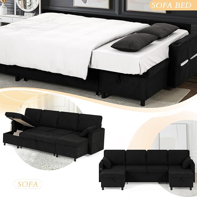 110" Fabric Pull-Out Couch Bed w/Adjustable Backrests, Sectional Sleeper Sofa w/USB Ports & 2 Cup Holders, Upholstered U-Shaped Couch w/Storage Chaise for Living Room, House, Black