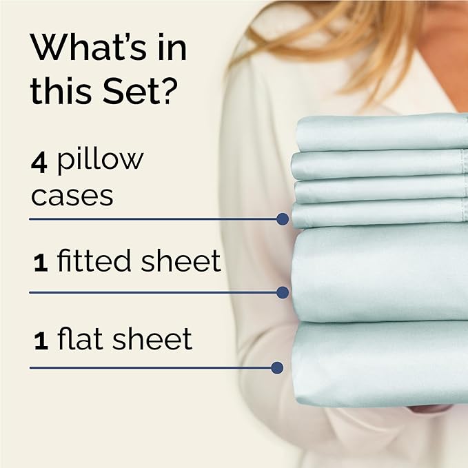 Full 6 Piece Sheet Set - Cooling, Comfy & Breathable - Hotel Luxury Bedding, Includes Fitted Sheet for Women, Men, Kids and Teens - 1 Flat, 1 Fitted Sheet, 4 Pillowcases with Deep Pockets - Ice Blue